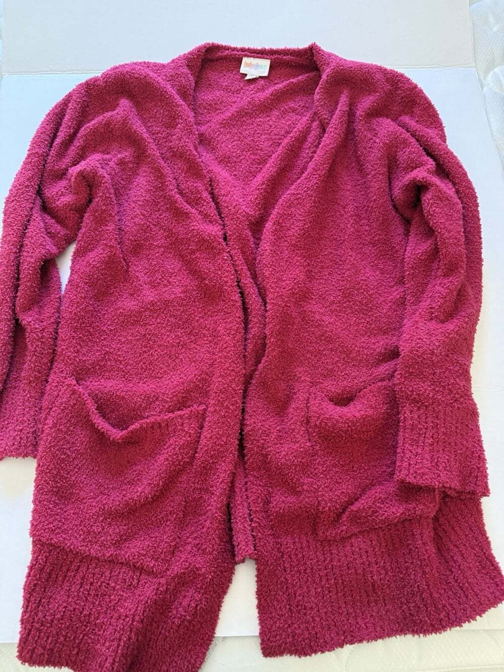 LuLaRoe Womens M Pink Fuzzy Cardigan Sweater Long Open Front Cozy Pockets